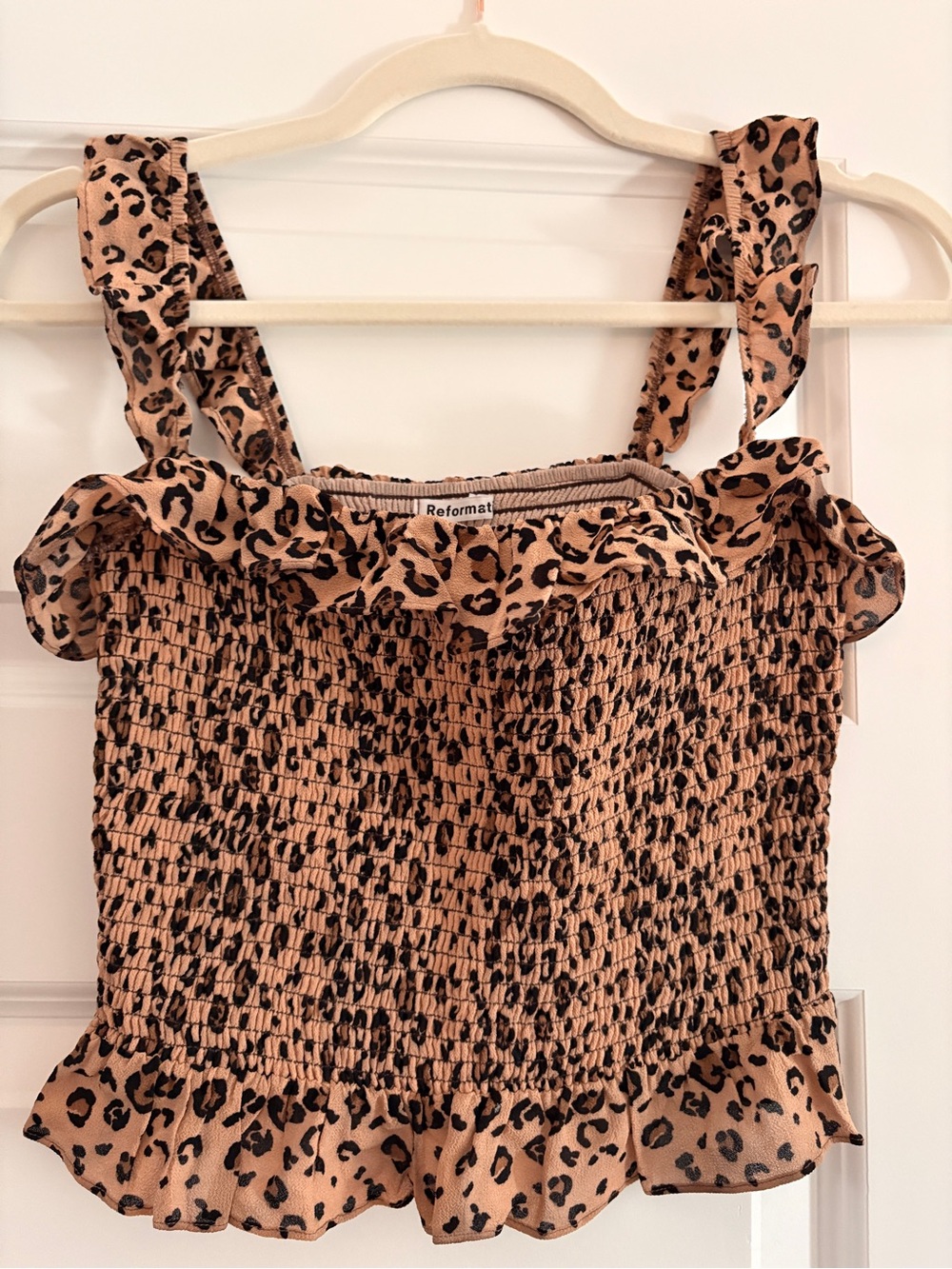 Reformation Leopard Print Smocked Tie Strap Top | Size XS/S